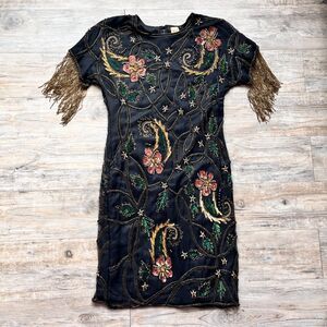 Vintage Maison Magique Silk Beaded Fringe Dress 1920 Flapper Gatsby Art Deco 90s